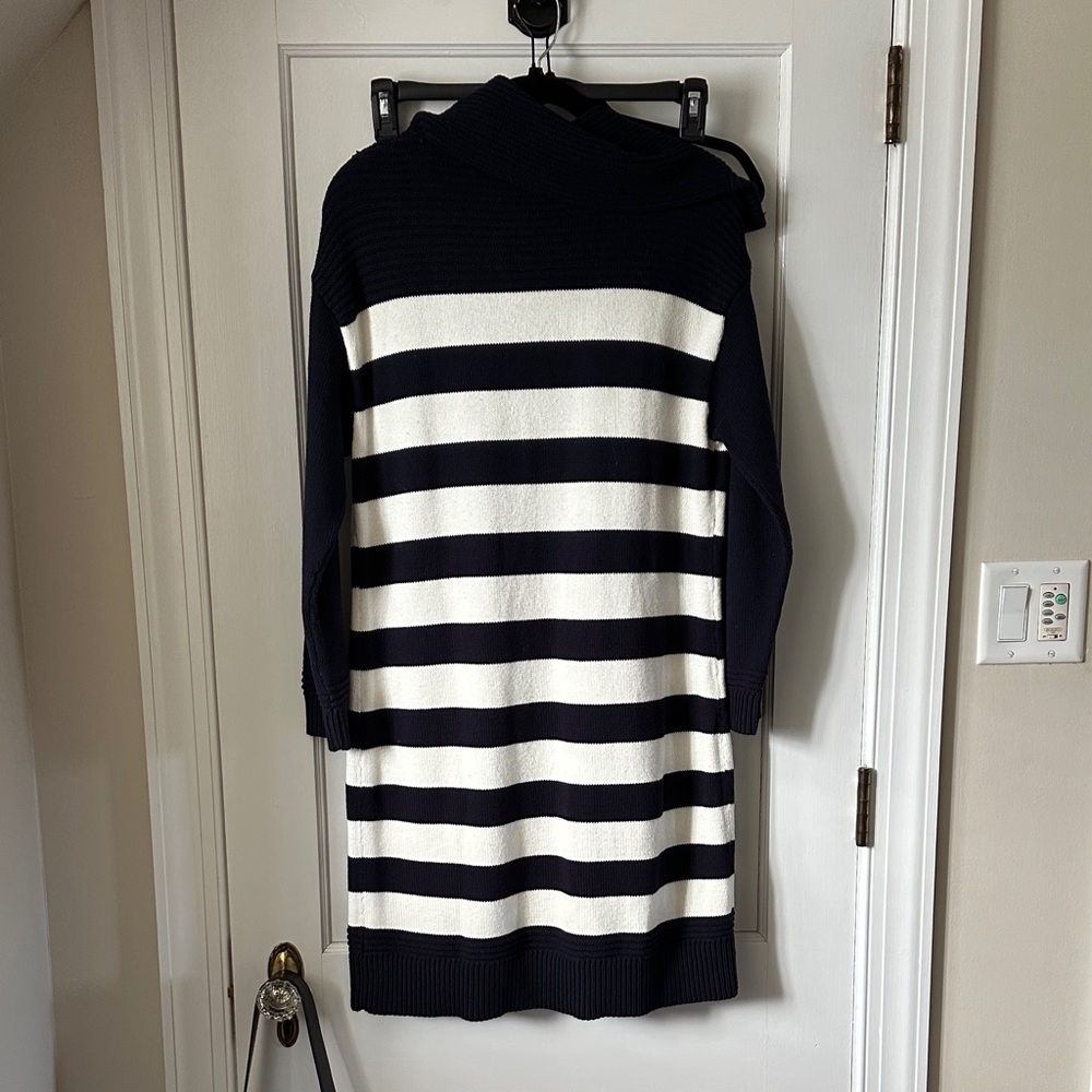 Talbots Navy & White Striped Hooded Toggle Cardigan Coatigan - Picture 3 of 4